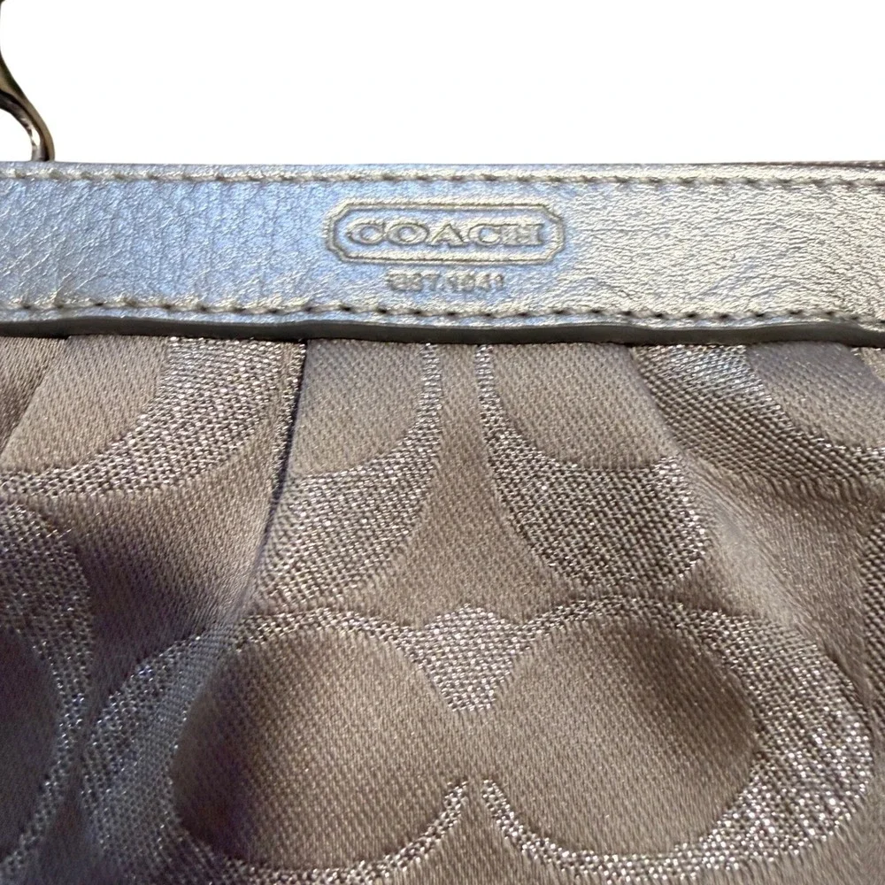 Coach Signature Jacquard Wristlet Silver Metallic Leather Trim Lavender Lining